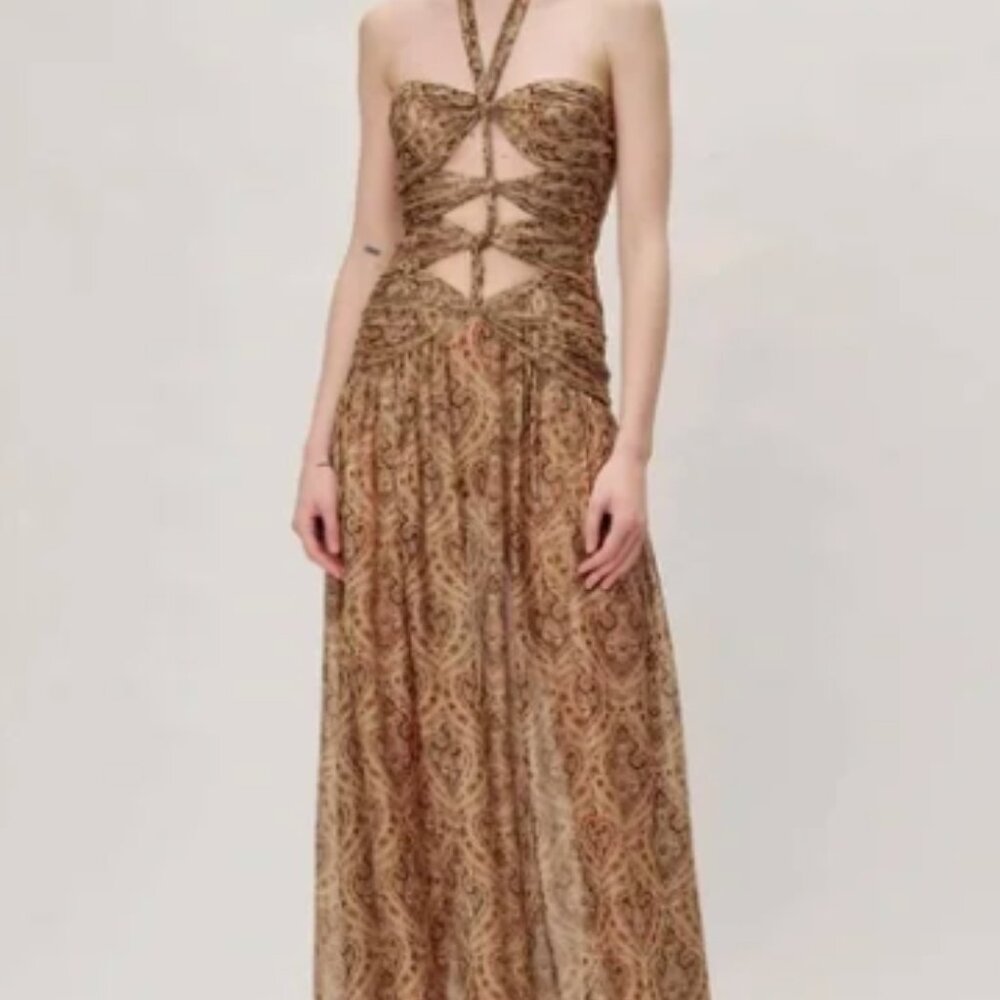 Ronny Kobo Clarice Dress - Paisley Cut Out Halter Gown - Size S